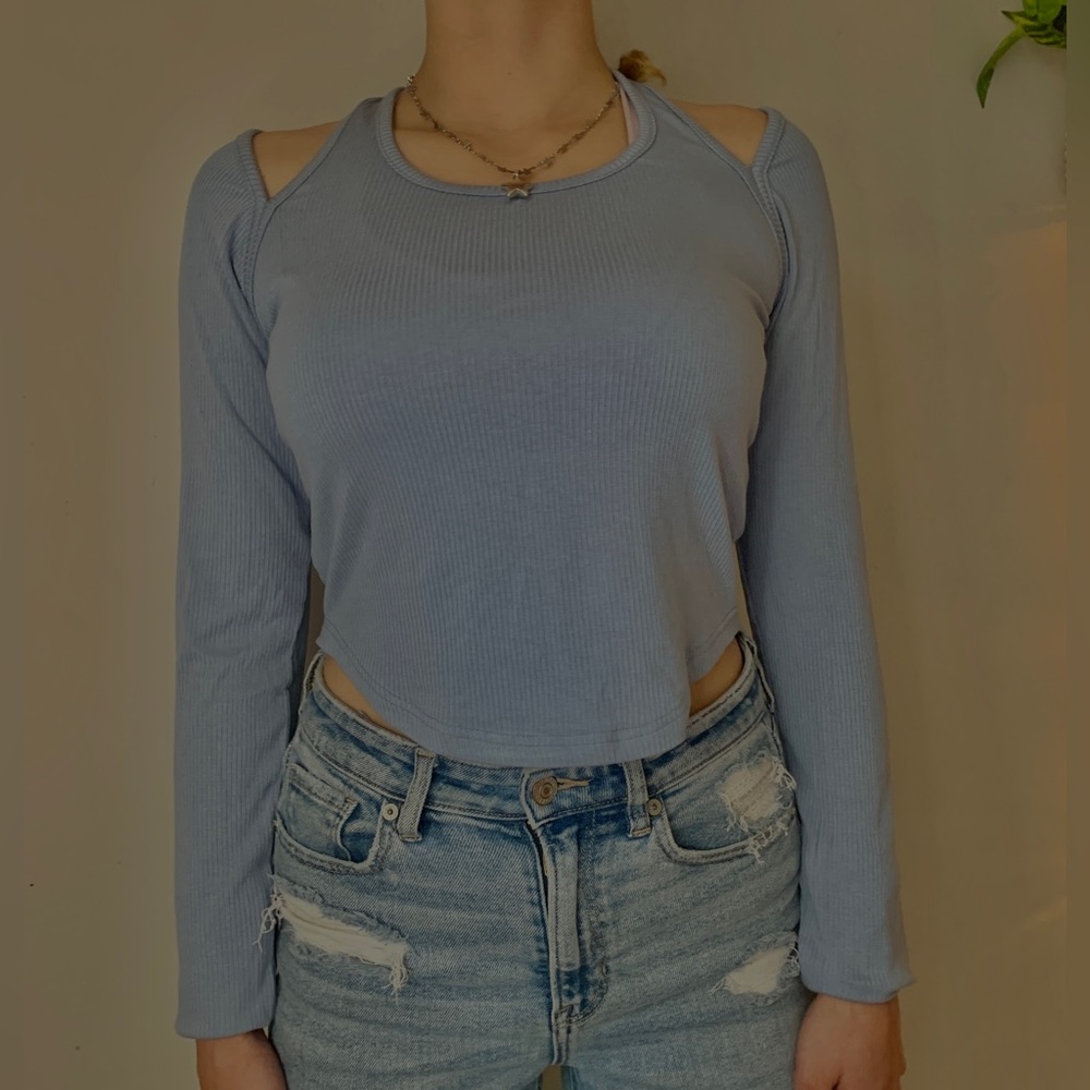 Light blue cut out long sleeve shirt